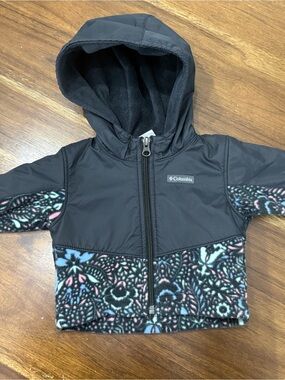 Columbia Black Hooded Jacket with Multicolor Floral Panels 3-6M